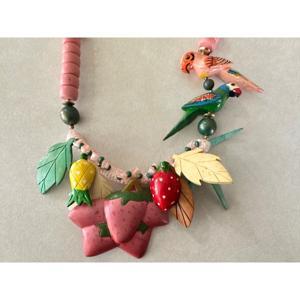 Vintage wooden hand painted parrots fruits tropical beaded statement necklace